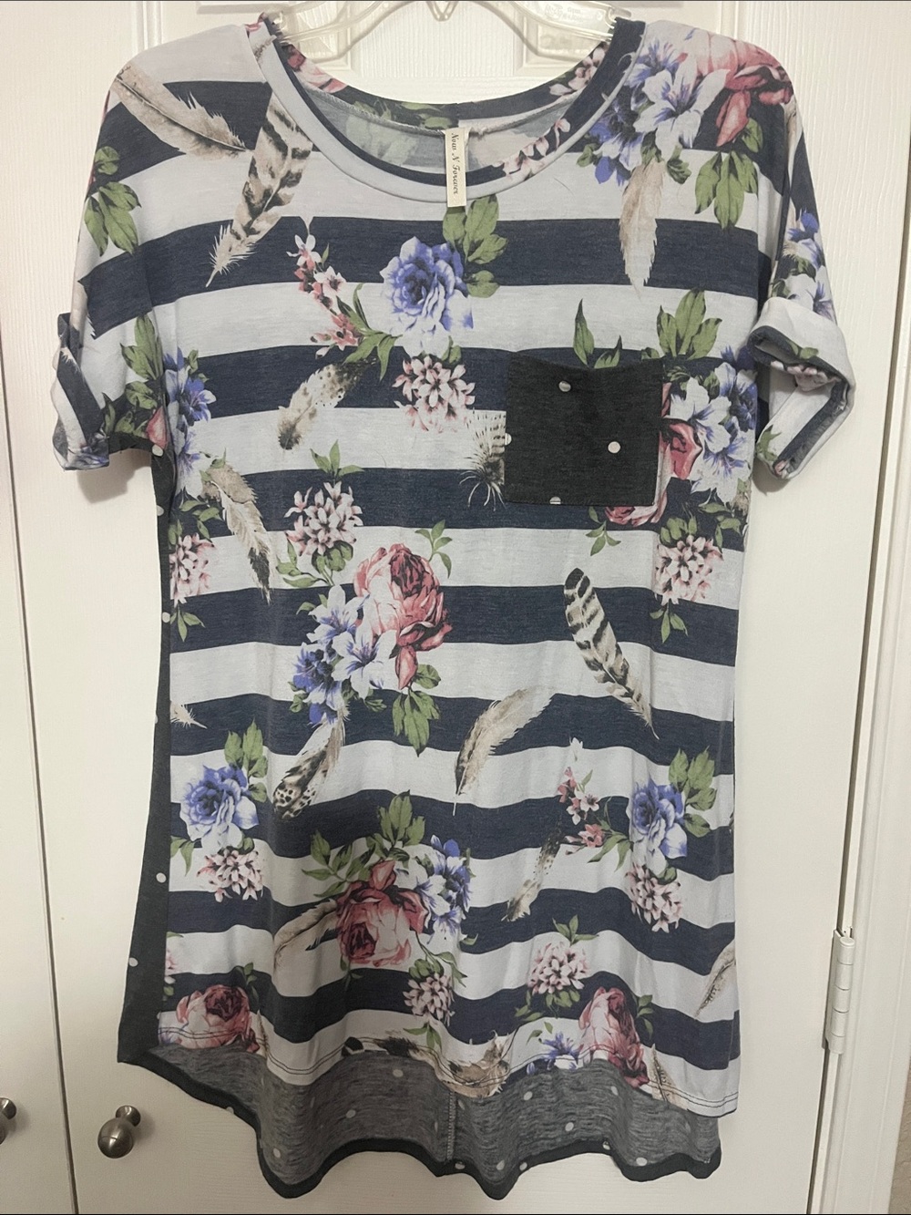 Striped Heathered Navy & White Striped Floral Short Sleeve Tee with Gray Pocket